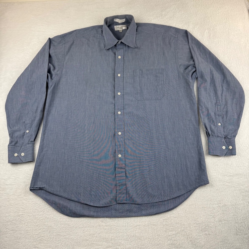 Christian Dior Dress Shirt Mens 16.5 34/35 Blue Chemise Cotton Long Slv Luxury